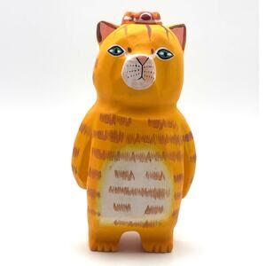 Hand Carved, Handmade Wooden Orange Tabby Cat Figurine with Crown, 4.5" Tall